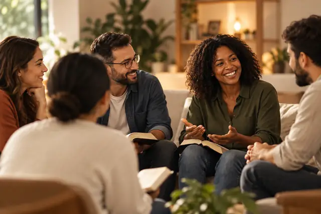 Pequeno grupo reunido em comunhão e conversa